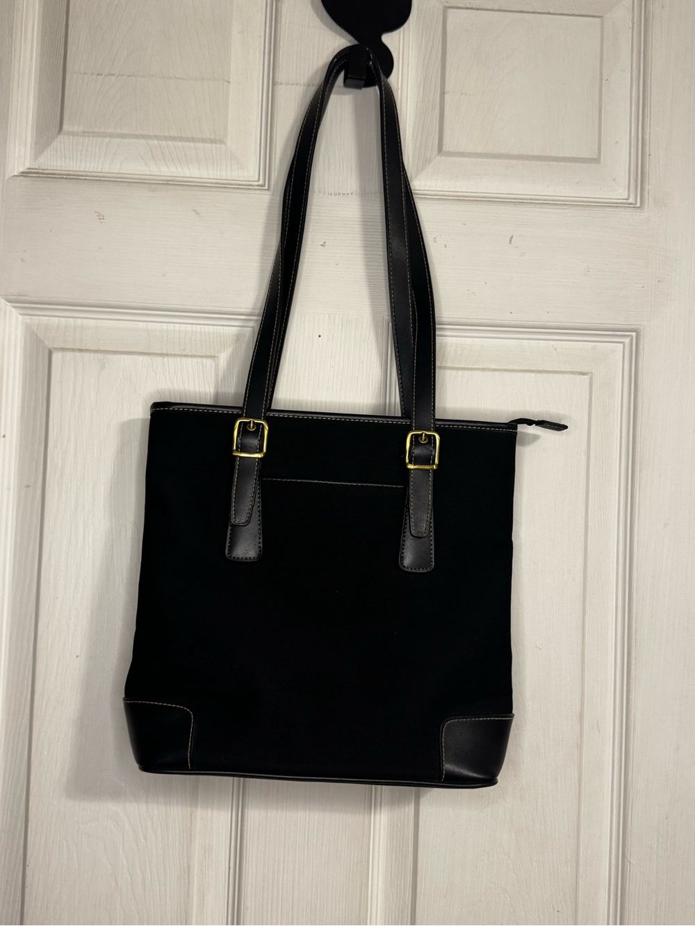 Black Canvas Tote Bag Faux Leather Trim Large Work Laptop Shoulder Bag